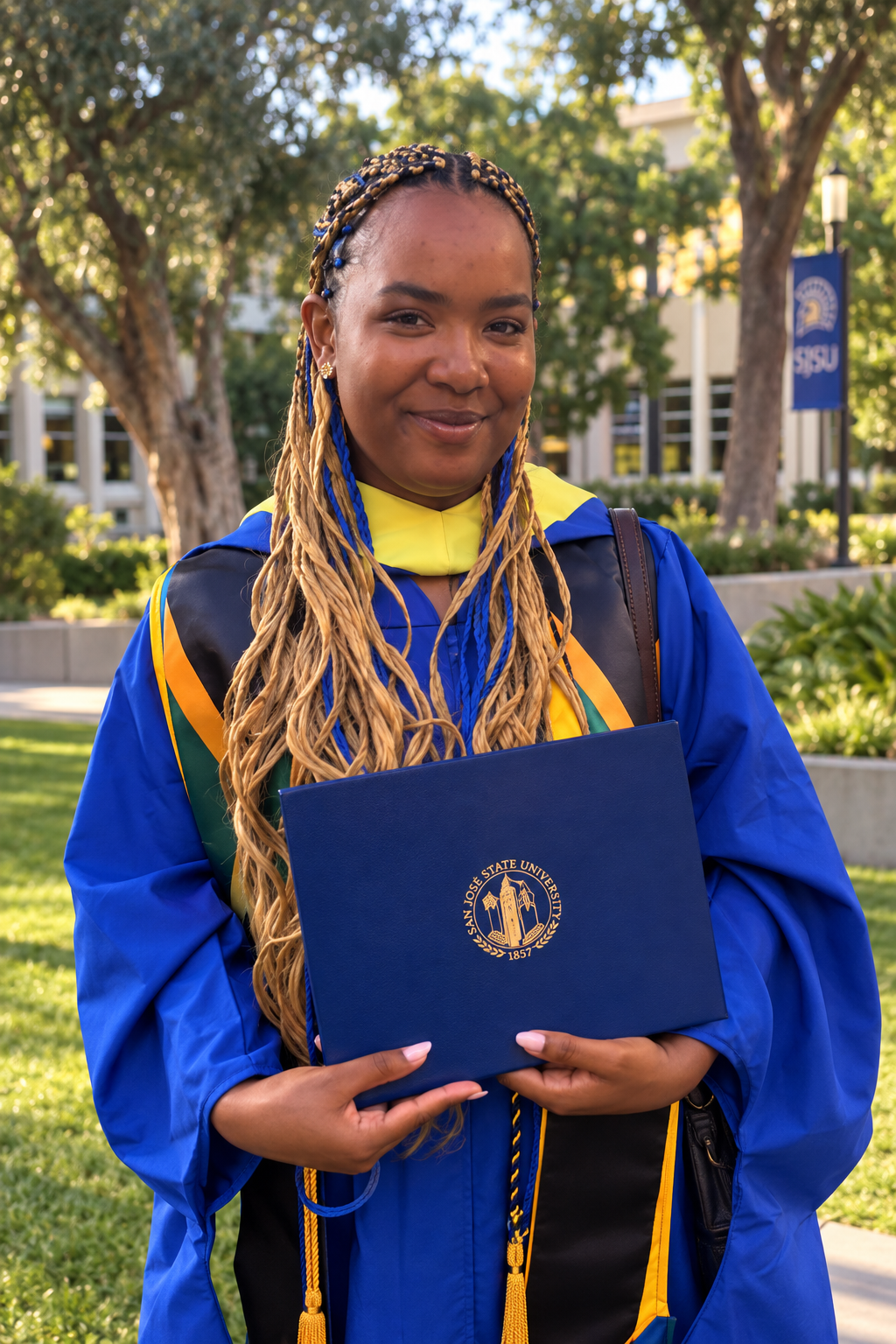 Kristin in graduation regalia holding her San José State University diploma cover